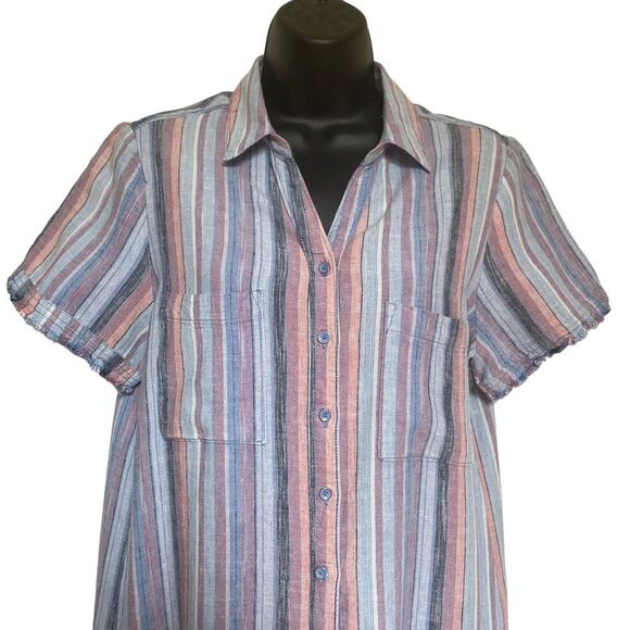 Caffe Marrakesh Linen Blend Striped Raw Hem & Sleeve Button Front Shirt Dress M - Picture 4 of 12